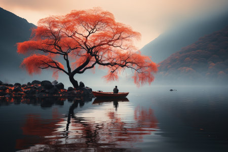 Lonely tree and boat on the lake at misty morningの素材