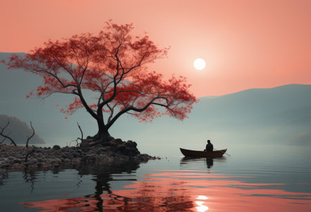 Lonely tree and man in boat on the lake at sunsetの素材
