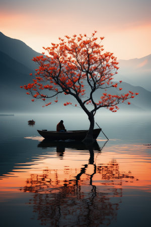 Lonely tree on the lake at sunset in autumn season.の素材