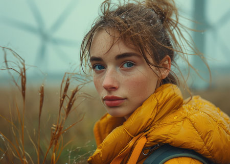 Portrait of a girl in a yellow jacket on the background of windmillsの素材