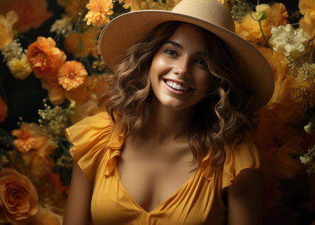 Beautiful young woman in yellow sundress and wide-brimmed hat with flowers on dark backgroundの素材