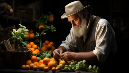 Senior man, bearded farmer in hat cutting, processing harvest of tangerines, citrus, oranges. Dark background.の素材
