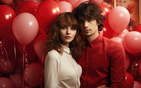 Beautiful young couple, man and woman in love with red balloons on background. Valentine's day.の素材
