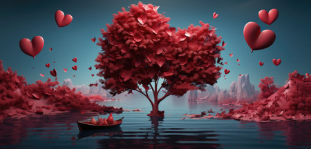 Valentine's day background with red heart tree in water, river. Greeting card template.の素材