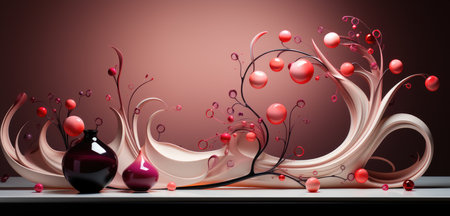 Background with glass vase, red balls and design wall. Greeting card templateの素材