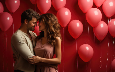 Beautiful young couple, man and woman in love hugging, kissing with balloons on red background, closeup. Greeting card templateの素材