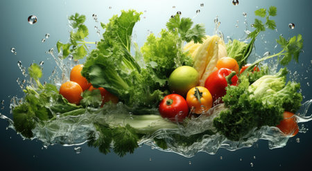 Fresh vegetables with water splash on blue background. Healthy food concept.の素材