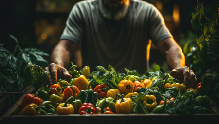 Close-up of a man's hands holding a box full of peppers, paprika.の素材