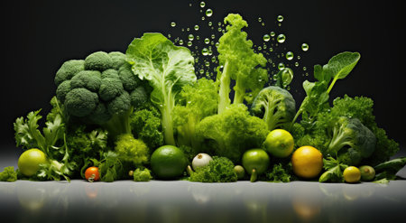 Fresh mixed green vegetables and salad on a dark background. Healthy food concept.の素材