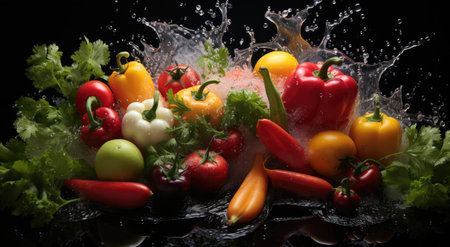 Fresh colorful vegetables, paprika, pepper falling into water with splash on black background. Healthy food concept.の素材