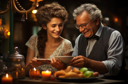 Portrait of a happy senior couple using digital tabletの素材
