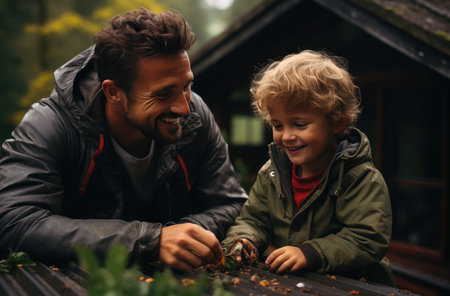 Father and son in jackets playing together in country house yard. Happy family having fun outdoors.の素材