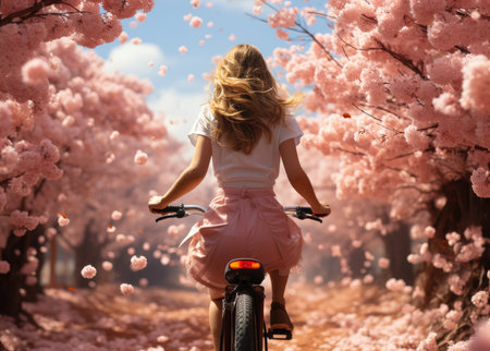 Rear view of a young woman riding a bicycle through the cherry blossomsの素材