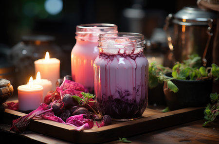Two glass jars with beetroot smoothie and burning candles in the backgroundの素材