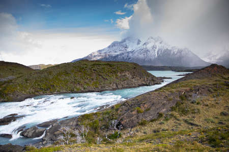 Small waterfall at the foot of Torres del Paine, in Chilean Patagoniaの写真素材