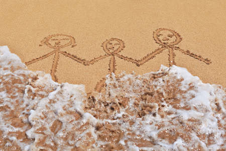 Parents with baby - background picture of happy family on sand sea beach with wave. Travel lifestyle, people recreation and swimming activity on summer vacation with child on tropical island resort.の写真素材