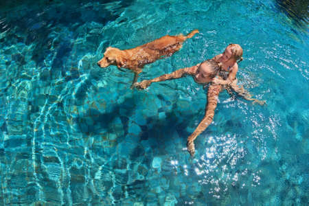 Mother with little child on back play with fun and train golden labrador retriever puppy in swimming pool. Popular dog like companion, outdoor activity and funny game with family pet on summer holidayの写真素材