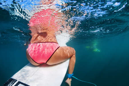 Back view of young girl in bikini. Surfer sit on surf board, wait for ocean wave. Woman feet underwater photo. People in water sport adventure camp, swimming, extreme surfing on summer beach vacationの写真素材