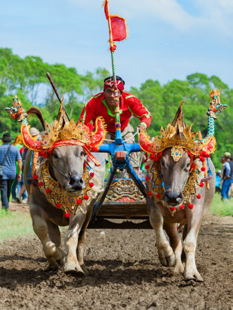 Jembrana, Bali island, Indonesia - 09 October, 2016: Decorated running bulls in action on traditional balinese water buffalo race Makepung. Indonesian people culture, ethnic festivals and eventsのeditorial素材