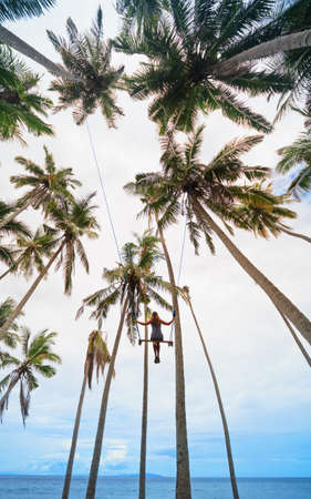 Young happy girl have fun swinging high in mid air. Flying up upside down on swing among palms on sea beach. Adventure in tropical island. Travel lifestyle, activity on summer family vacation with kidの写真素材