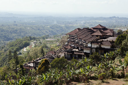 Old abandoned hotel with beautiful view of Agung volcano, Balinese terraced plantation. Best Bali backgrounds. Asian landscapes, nature of Indonesian islands, popular travel places in Indonesia.の写真素材