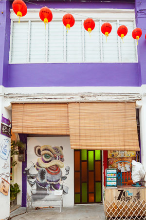 Georgetown, Penang, Malaysia - September 01, 2014: Chinese house at Lebuh Armenia, one of the main streets in historical Georgetown, Penang, Malaysiaのeditorial素材