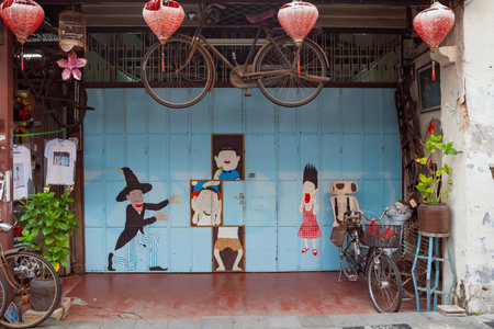 Georgetown, Penang, Malaysia - September 01, 2014: Entrance to Chinese souvenir shop at Lebuh Armenia, one of the main streets in historical Georgetown, Penang, Malaysiaのeditorial素材