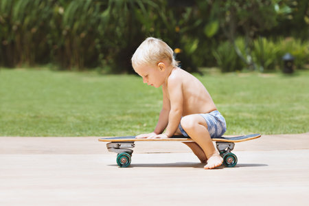 Funny skateboard riding. Little child with surf skateboard have fun in beach skate park. Active family lifestyle, outdoor activities on summer holidays in city. Kids recreational sports.の写真素材