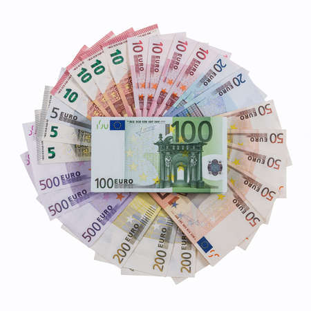 Euro banknotes all type together on the roulette theme and on white background.
