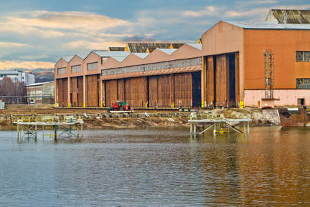 Shipyard scene with unique lifter pulled out of the water in Slovakia city Komarno.の写真素材