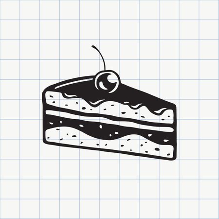 Piece of cake doodle icon. Slice of chocolate cake with cherry. Hand drawn sketch in vector