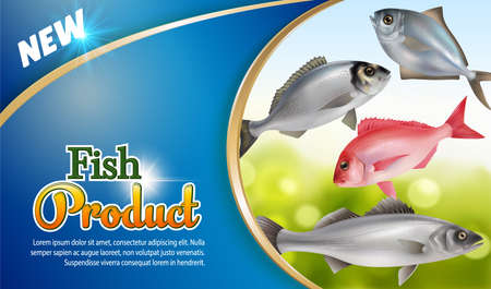 Fish product packaging labels. poster, brochure, food product designのイラスト素材