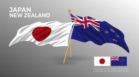 Japan and New Zealand flag poster. realistic country flag style drawingのイラスト素材