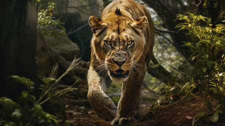 Lion in the jungle. Wildlife scene from nature. Portrait of a lioness. Generate AIの素材