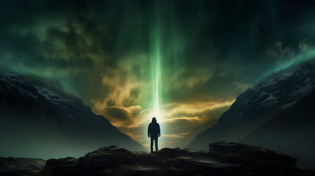 Man standing on Mountain and looking at aurora  Generate Aiの素材