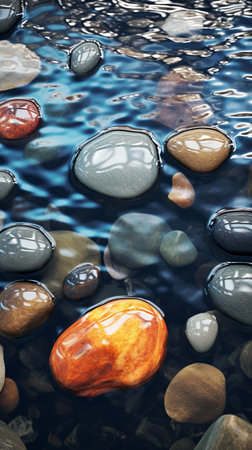 Pebbles in the water with sun rays and bokehの素材