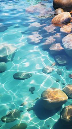 Pebbles in the water with sun rays and bokehの素材
