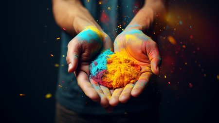 Hands of young man with colorful holi powder on dark background  Generate Aiの素材