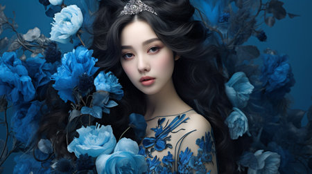 Portrait of a beautiful asian woman in blue kimono with flowers Generate Aiの素材