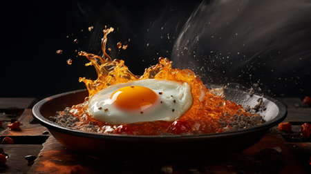 Fried egg in a frying pan on a black background  close-up  Generate Aiの素材