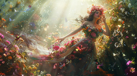 Portrait of a beautiful girl in a wreath of flowers. Generate Aiの素材