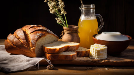 Still life of bread  milk and butter on a wooden table. Generate Aiの素材