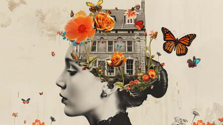 Double exposure portrait of beautiful young woman with flowers in her hair. Beauty  fashion.  Generate Aiの素材