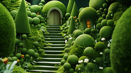 garden with green trees and stairs in the park  Generate Aiの素材