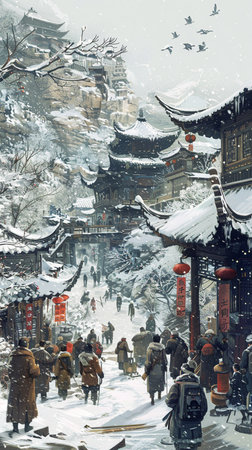 Beautiful Japanese garden in winter season. Watercolor painting illustration.  Generate Aiの素材