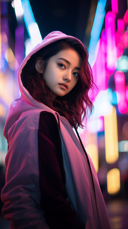 Beautiful asian woman in the city at night with colorful lights. Generate Aiの素材