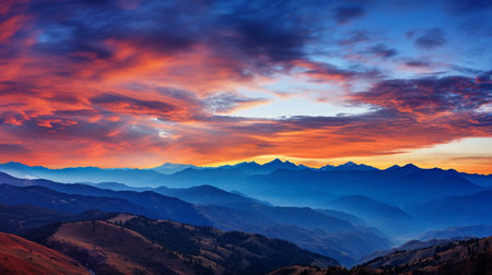 Beautiful sunset in the mountains. Landscape with mountains. Generate Aiの素材