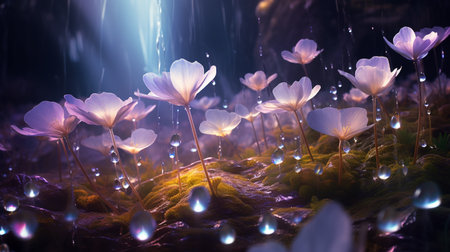 Beautiful white crocus flowers blooming in the forest with raindrops. Generate Aiの素材