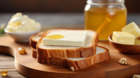 Honey dripping from a honey dipper on a slice of bread. Generate Aiの素材