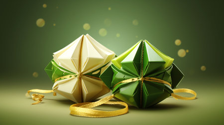 3d rendering of green origami tree with christmas ball on green background Generate AIの素材